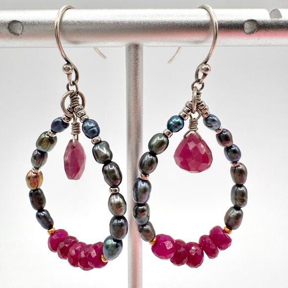 Gray Peackcock Pearl Ruby Bead Drop Hoop Dangle Earrings 925 Stamped Mermaidcore - Picture 2 of 9